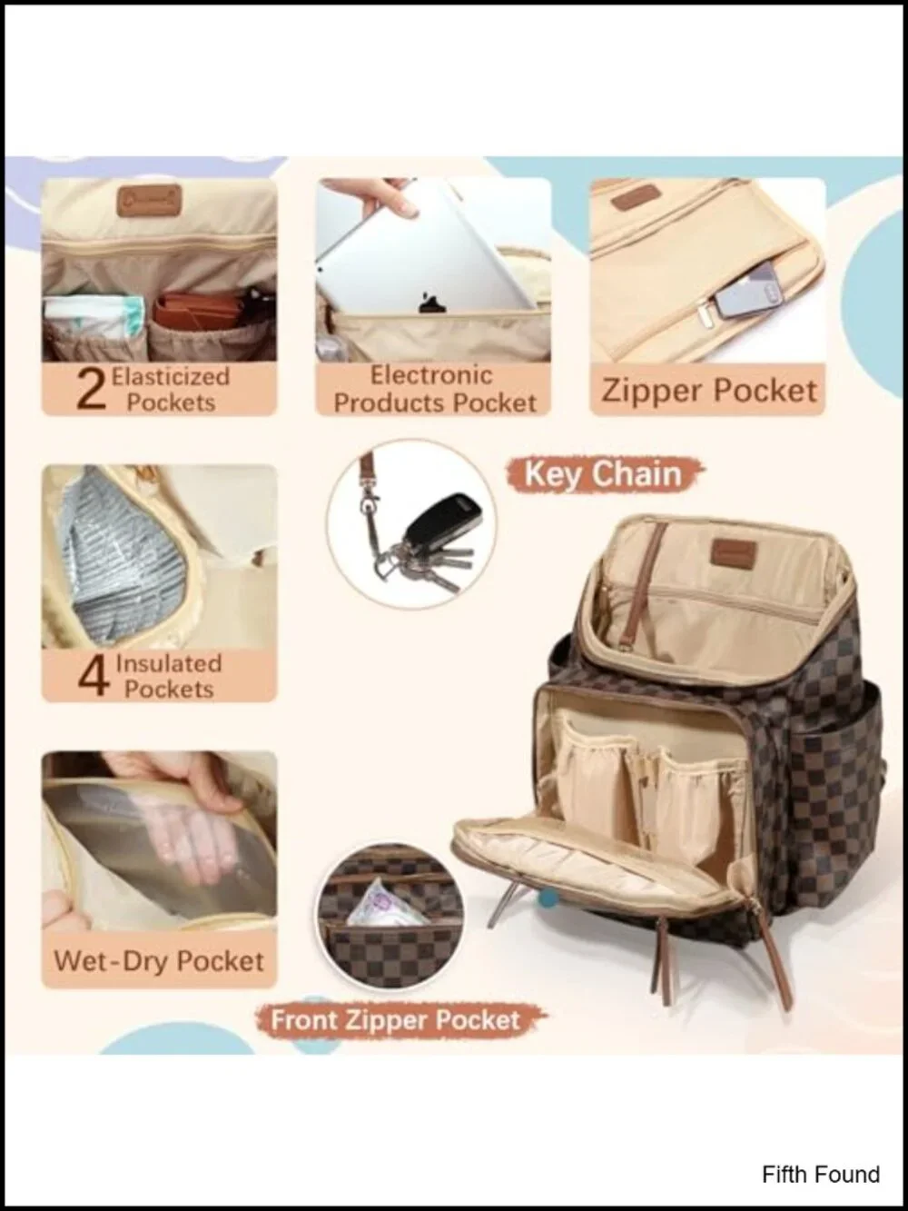 Checkered PU Leather Diaper Bag Backpack with Insulated Pockets, 17 Pockets